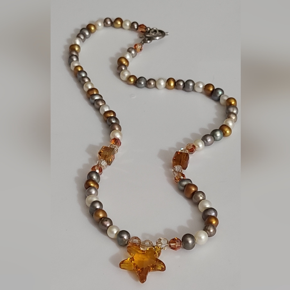 Real natural pearls Swarovski crystals amber  starfish necklace beaded toggle